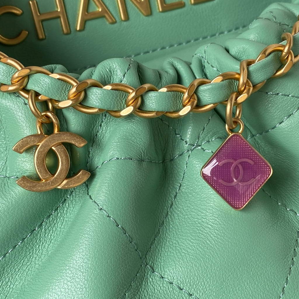 Chanel AS3793 Small Bucket Bag Light Green Lambskin Gold-Tone Metal