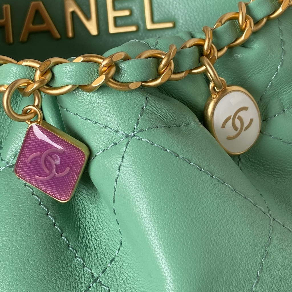Chanel AS3793 Small Bucket Bag Light Green Lambskin Gold-Tone Metal