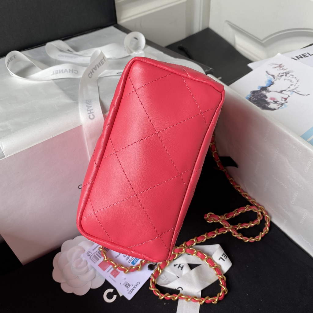 Chanel AS3793 Small Bucket Bag Red Lambskin Gold-Tone Metal