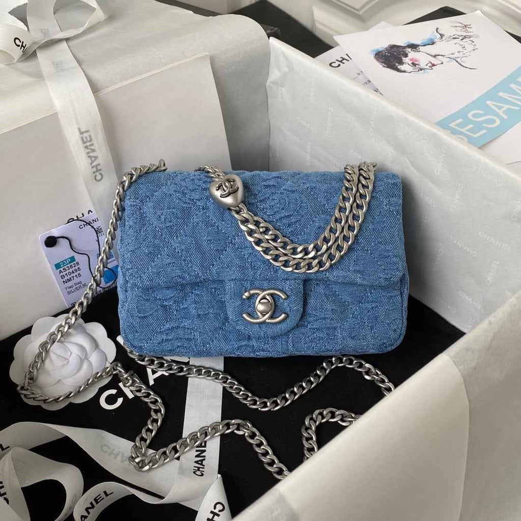 Chanel AS3828 Mini Flap Bag Denim Silver-Tone Metal Blue