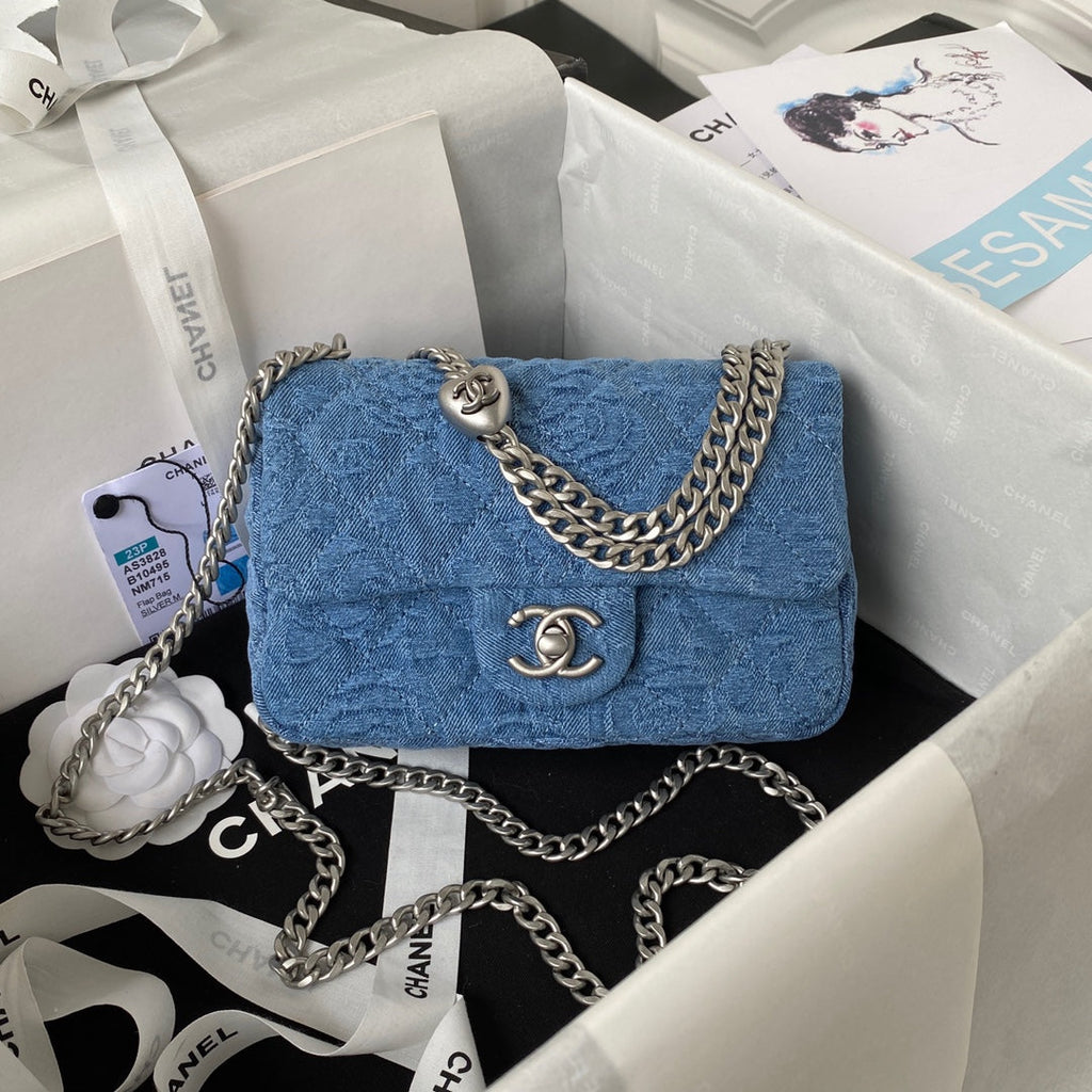 Chanel AS3828 Mini Flap Bag Denim Silver-Tone Metal Blue