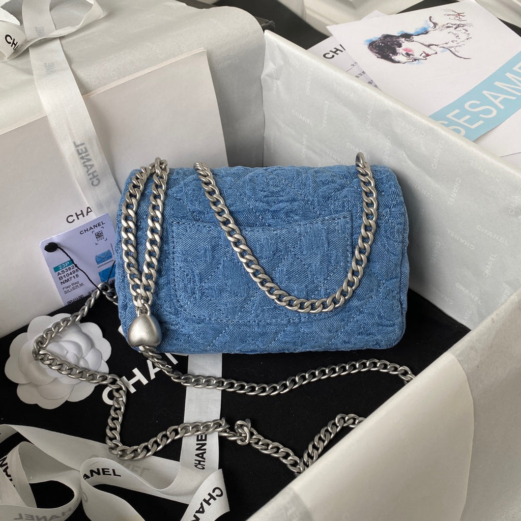 Chanel AS3828 Mini Flap Bag Denim Silver-Tone Metal Blue