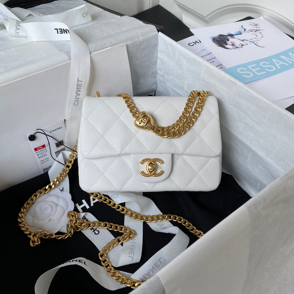 Chanel AS3828 Mini Flap Bag Grained Calfskin Gold-Tone Metal White