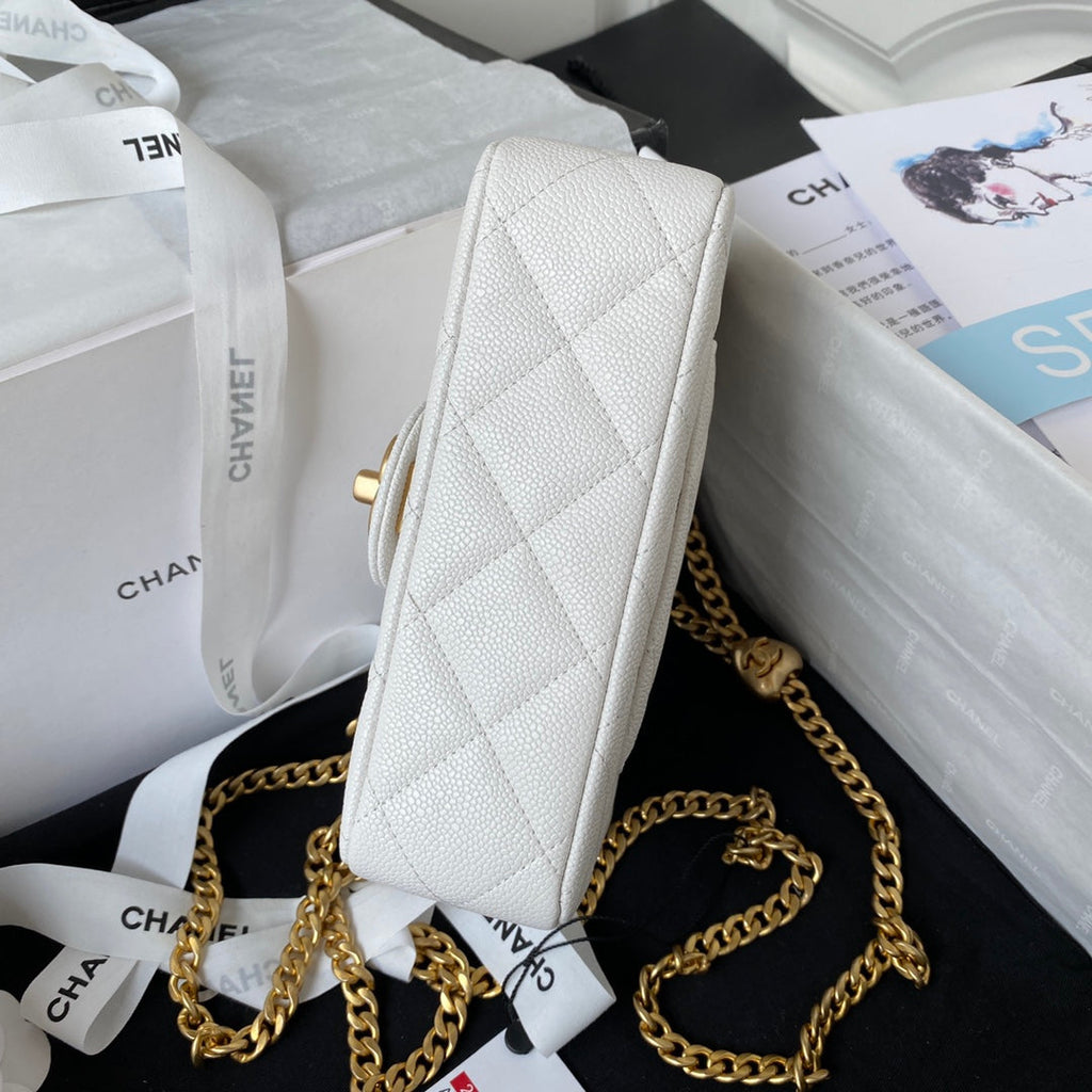 Chanel AS3828 Mini Flap Bag Grained Calfskin Gold-Tone Metal White