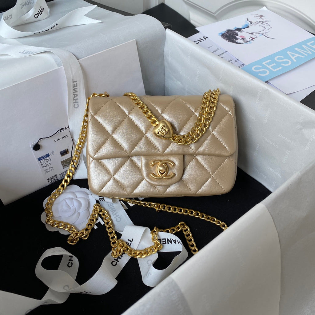 Chanel AS3828 Mini Flap Bag Grained Calfskin Gold-Tone Metal Gold