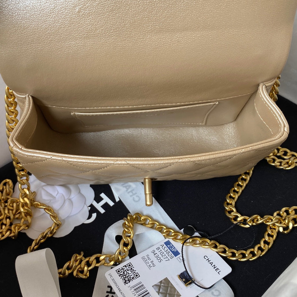 Chanel AS3828 Mini Flap Bag Grained Calfskin Gold-Tone Metal Gold