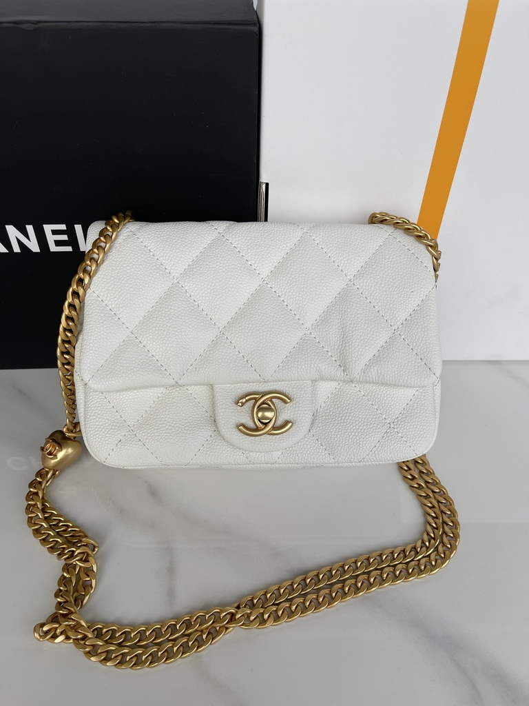 Chanel AS3829 Mini Flap Bag Grained Calfskin Gold-Tone Metal White