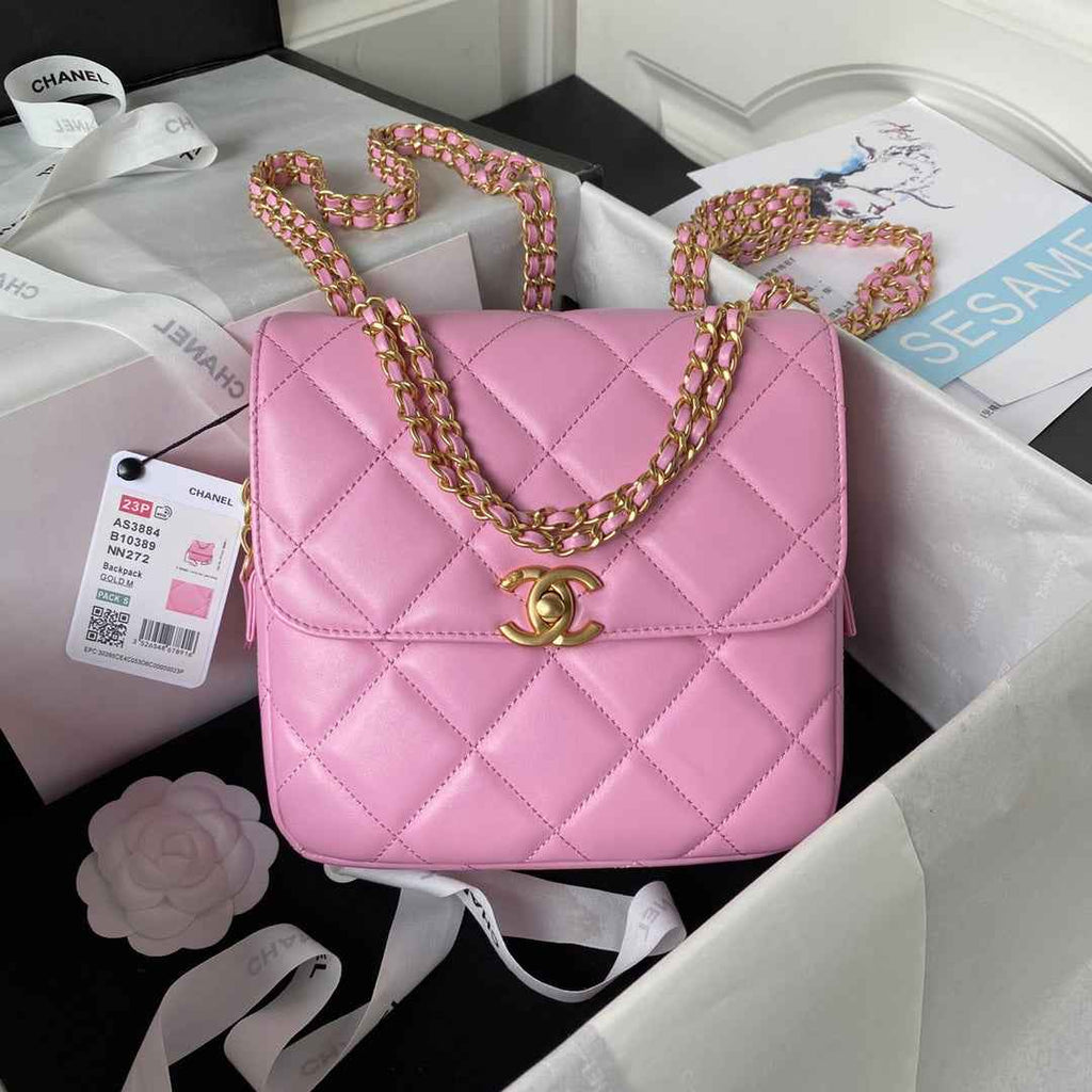 Chanel AS3884 Small Flap bag Lambskin gold-tone metal Pink