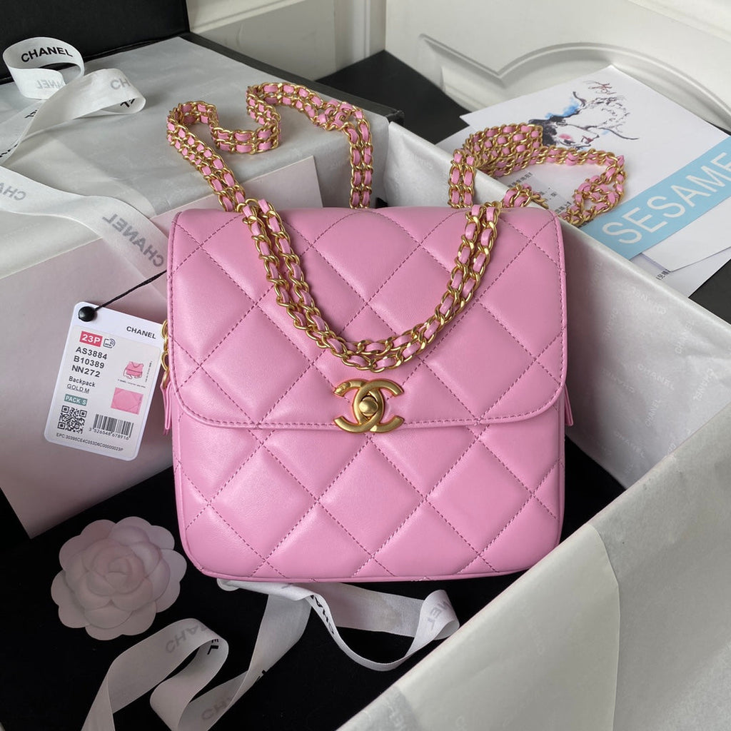 Chanel AS3884 Small Flap bag Lambskin gold-tone metal Pink