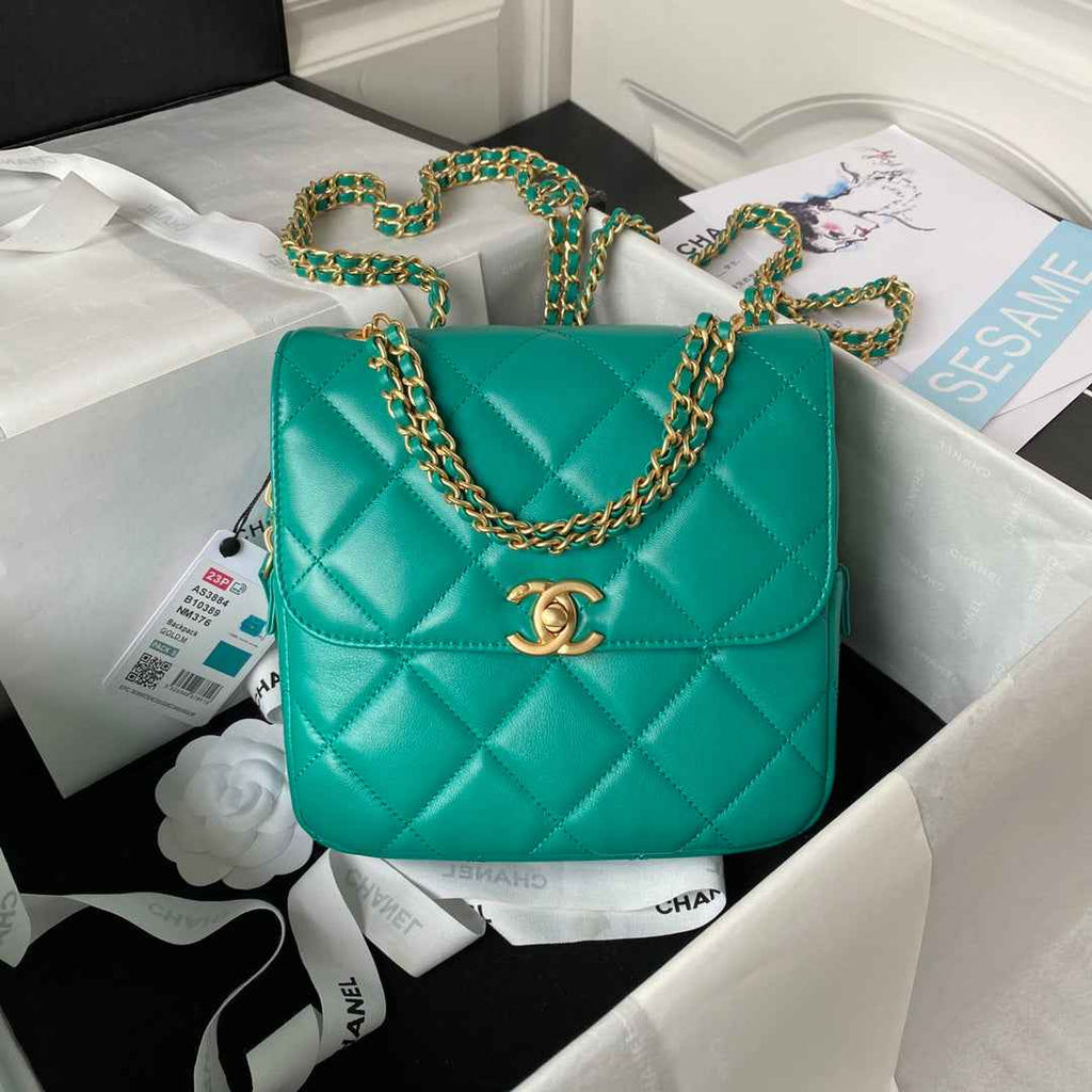 Chanel AS3884 Small Flap bag Lambskin gold-tone metal Green