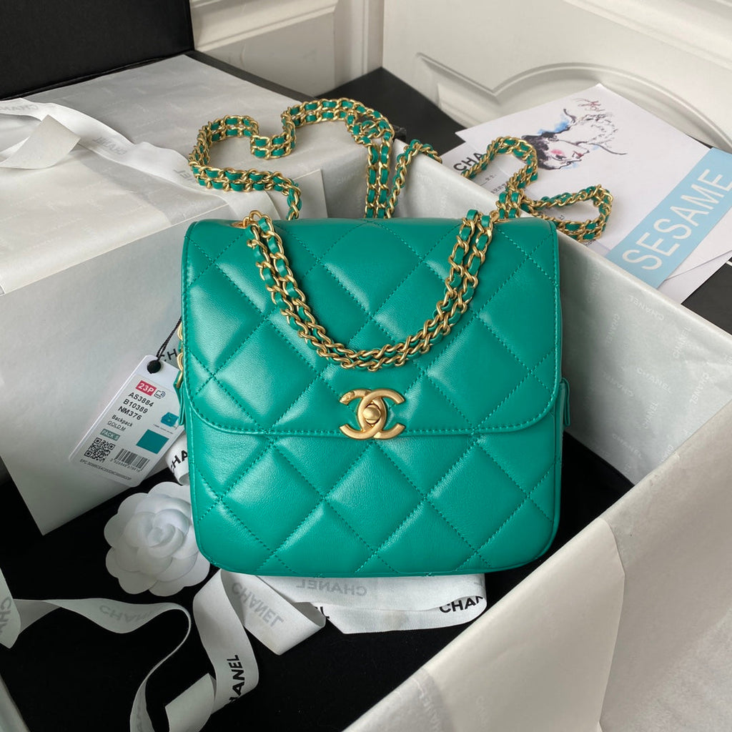 Chanel AS3884 Small Flap bag Lambskin gold-tone metal Green