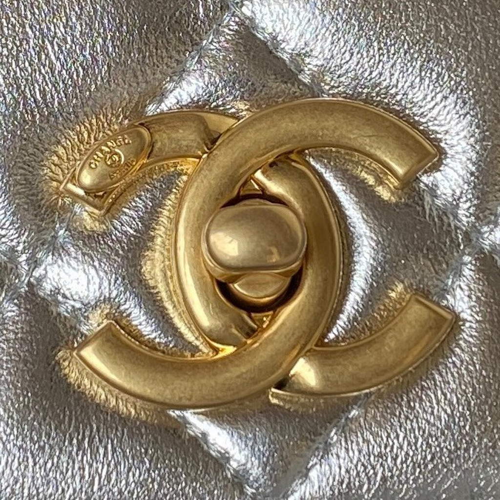 Chanel AS3886 Mini Flap Bag with Top Handle Shiny Calfskin Gold Silver