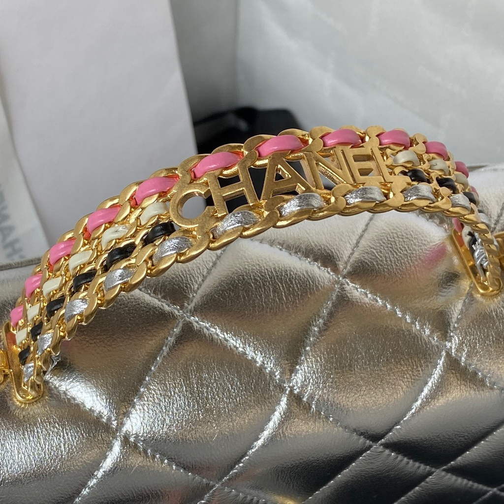 Chanel AS3886 Mini Flap Bag with Top Handle Shiny Calfskin Gold Silver