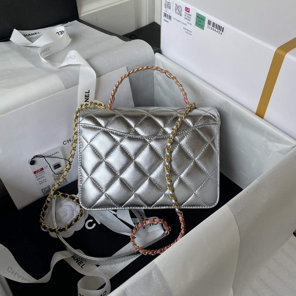 Chanel AS3886 Mini Flap Bag with Top Handle Shiny Calfskin Gold Silver