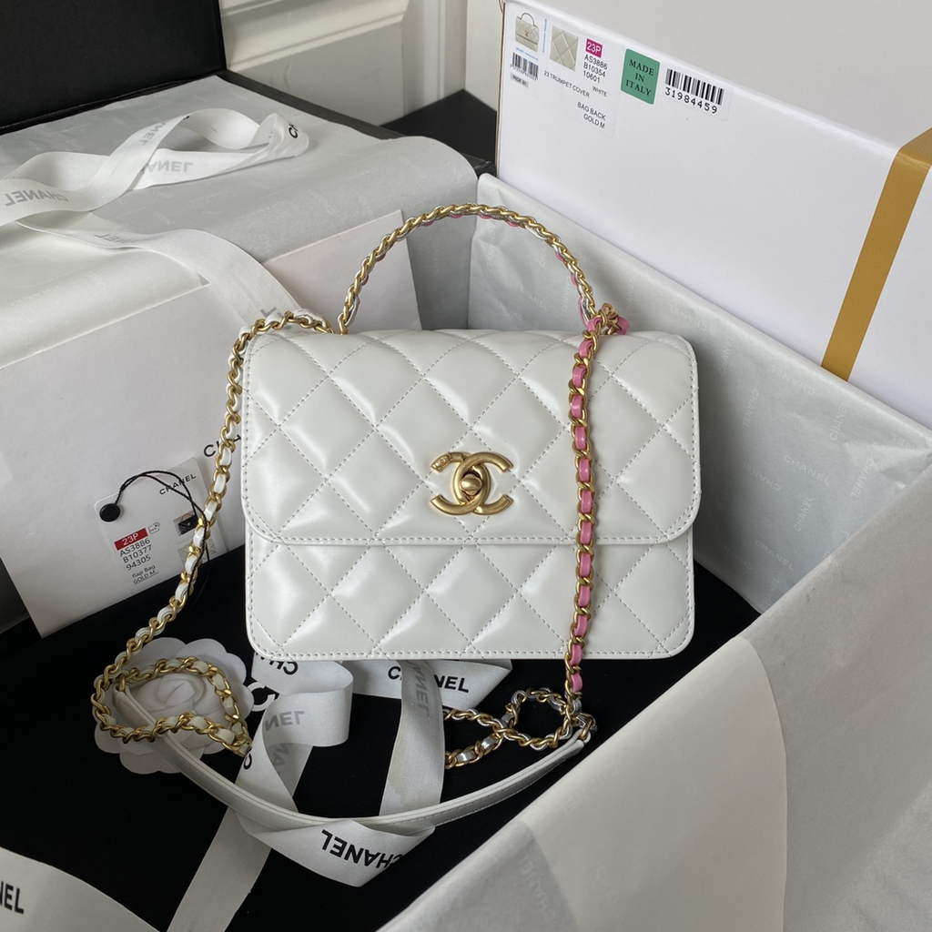 Chanel AS3886 Mini Flap Bag with Top Handle Shiny Calfskin Gold Beige