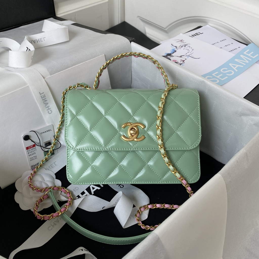 Chanel AS3886 Mini Flap Bag with Top Handle Shiny Calfskin Gold Light Green