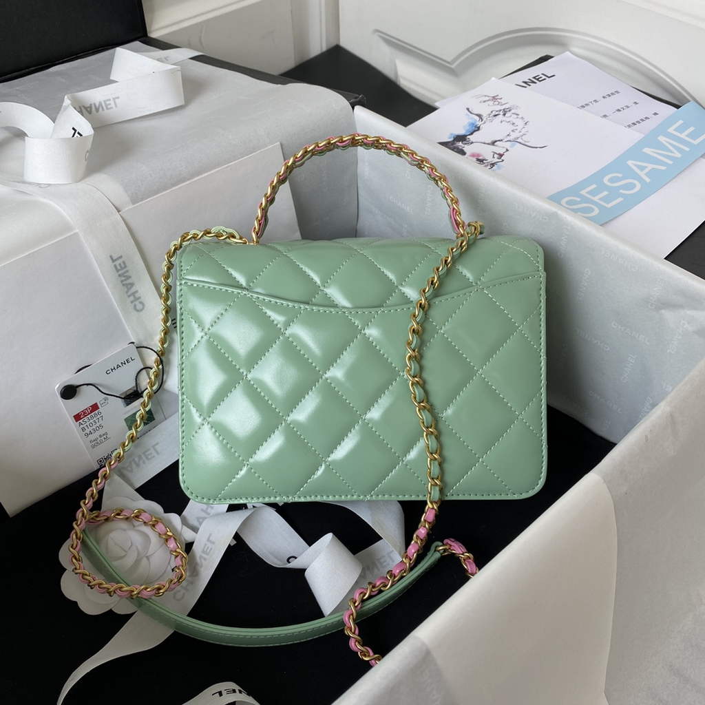 Chanel AS3886 Mini Flap Bag with Top Handle Shiny Calfskin Gold Light Green