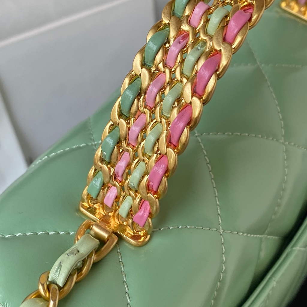 Chanel AS3886 Mini Flap Bag with Top Handle Shiny Calfskin Gold Light Green