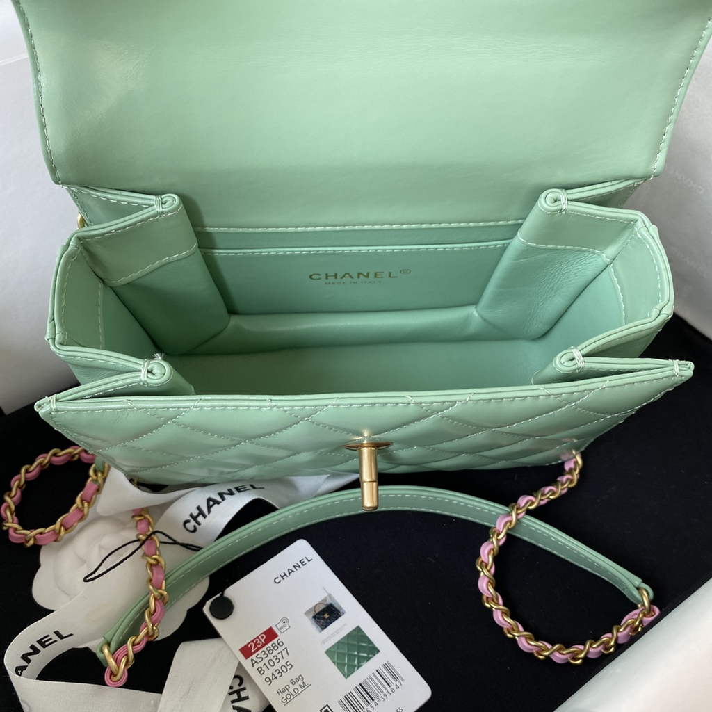 Chanel AS3886 Mini Flap Bag with Top Handle Shiny Calfskin Gold Light Green