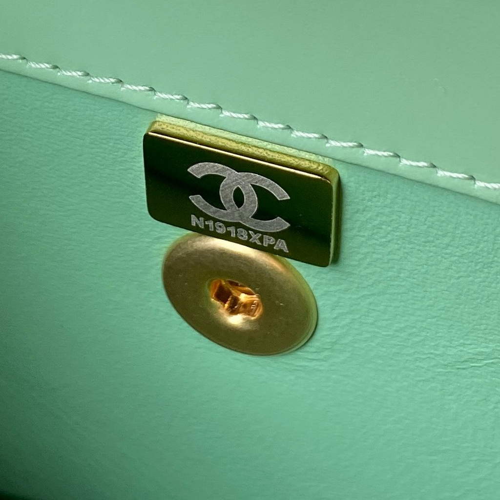 Chanel AS3886 Mini Flap Bag with Top Handle Shiny Calfskin Gold Light Green