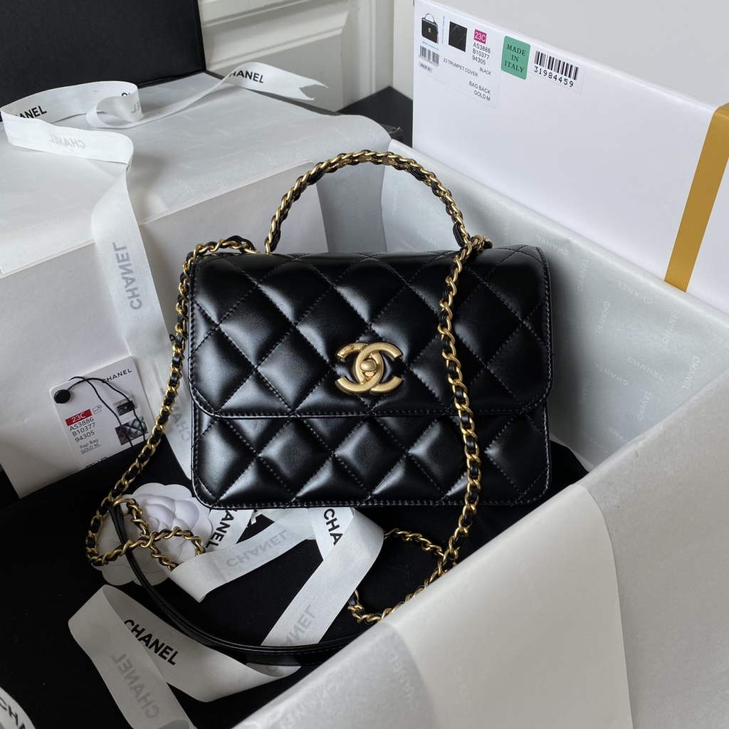 Chanel AS3886 Mini Flap Bag with Top Handle Shiny Calfskin Gold Black