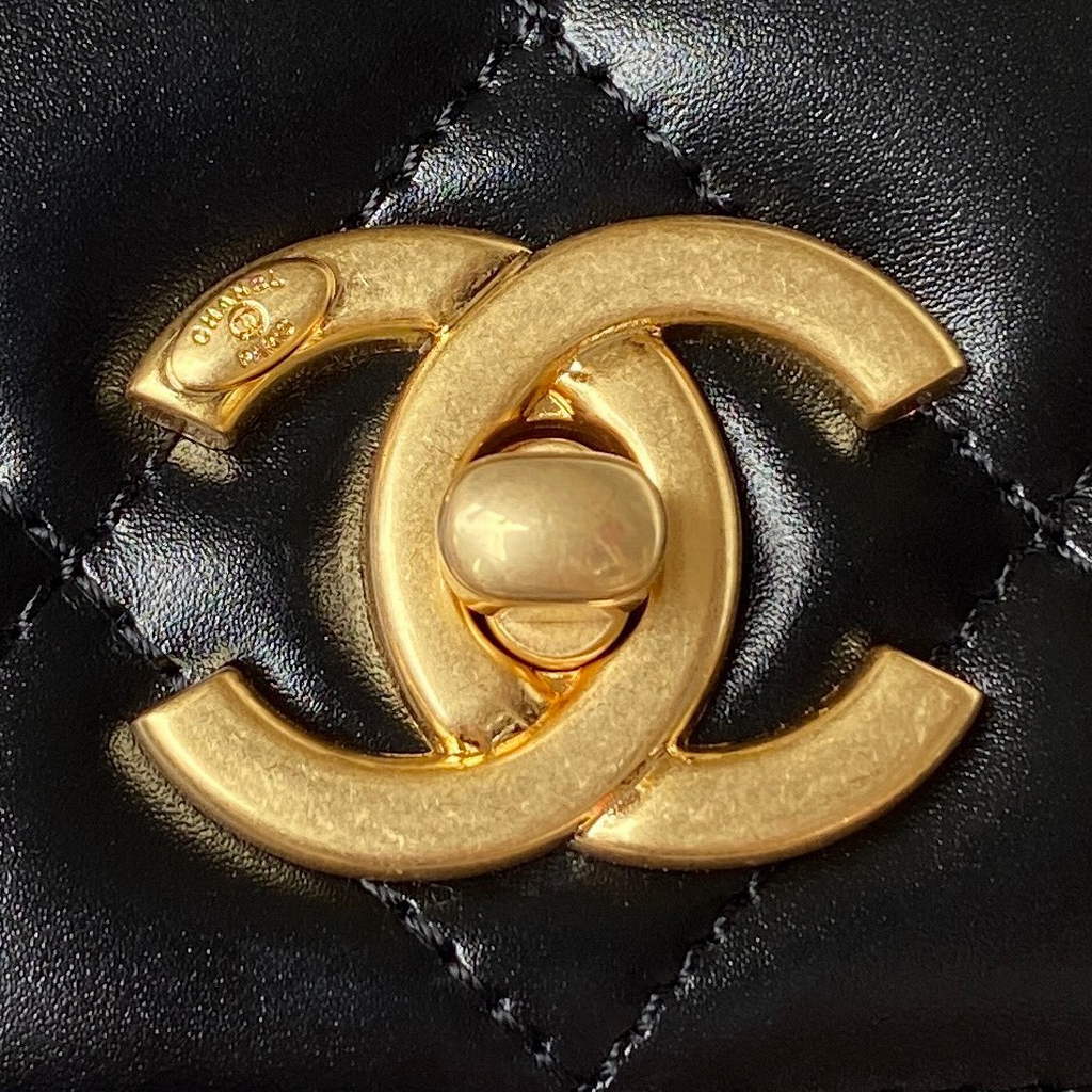 Chanel AS3886 Mini Flap Bag with Top Handle Shiny Calfskin Gold Black