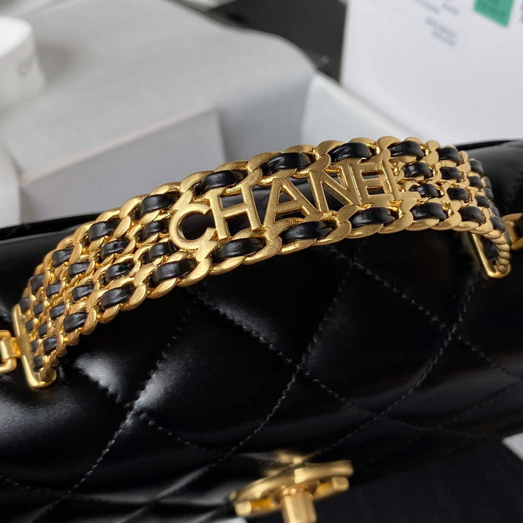 Chanel AS3886 Mini Flap Bag with Top Handle Shiny Calfskin Gold Black