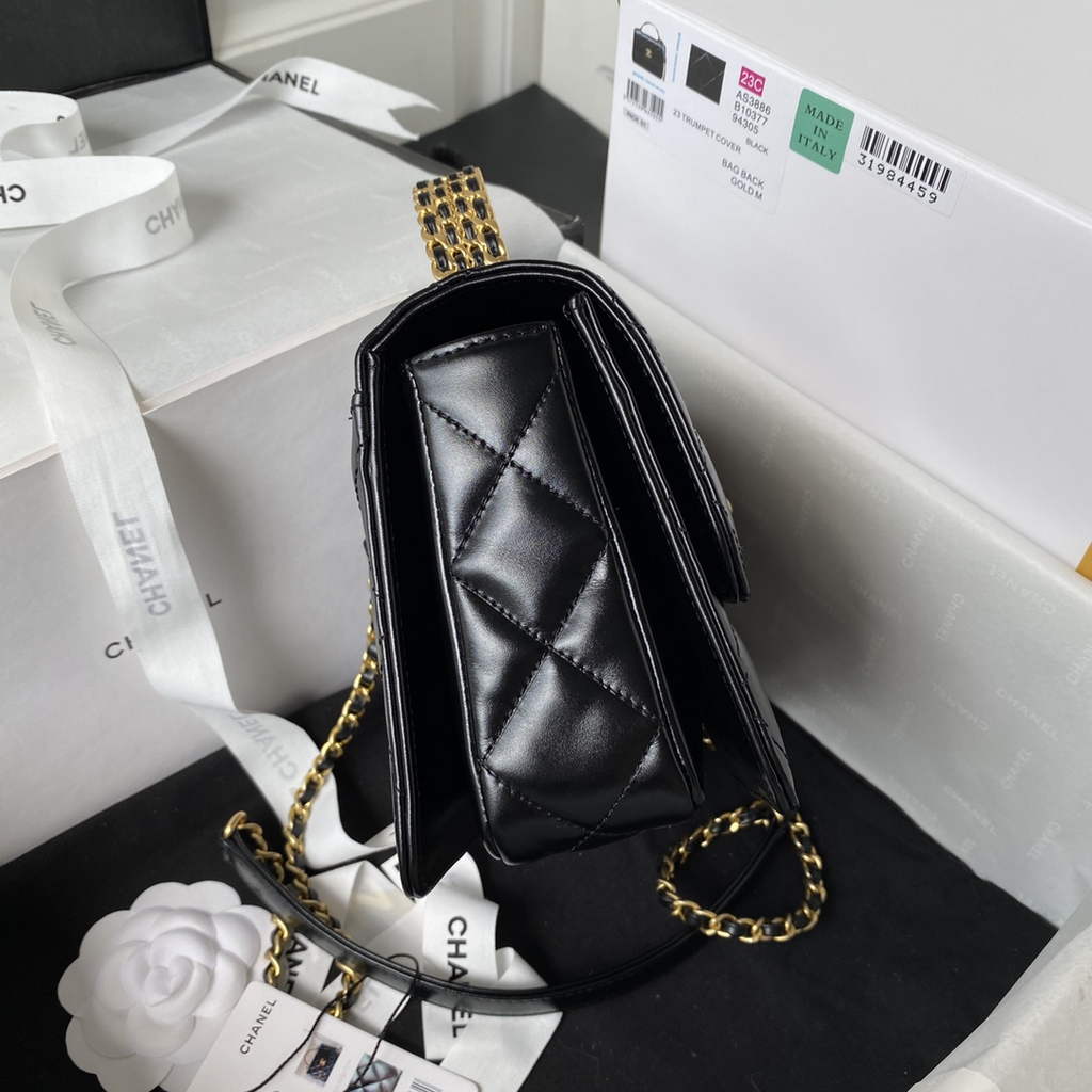 Chanel AS3886 Mini Flap Bag with Top Handle Shiny Calfskin Gold Black