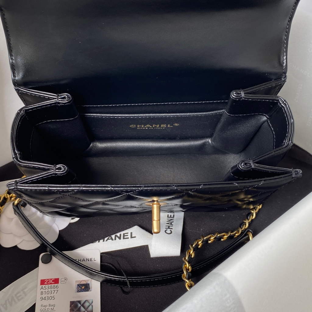 Chanel AS3886 Mini Flap Bag with Top Handle Shiny Calfskin Gold Black