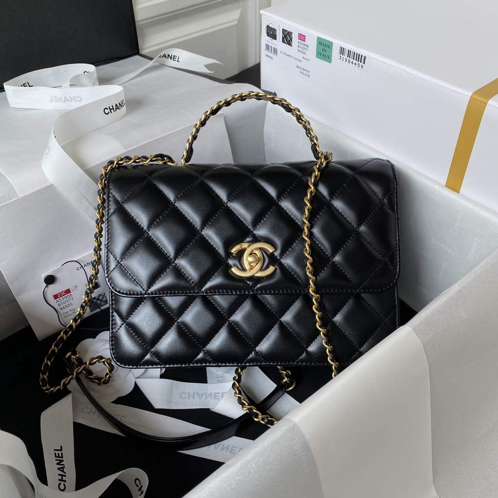 Chanel AS3908 Small Flap Bag with Top Handle Shiny calfskin Black