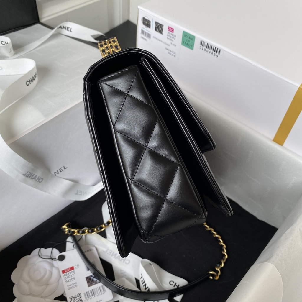 Chanel AS3908 Small Flap Bag with Top Handle Shiny calfskin Black