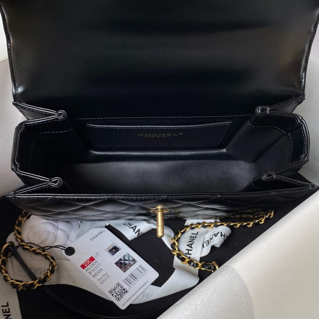 Chanel AS3908 Small Flap Bag with Top Handle Shiny calfskin Black