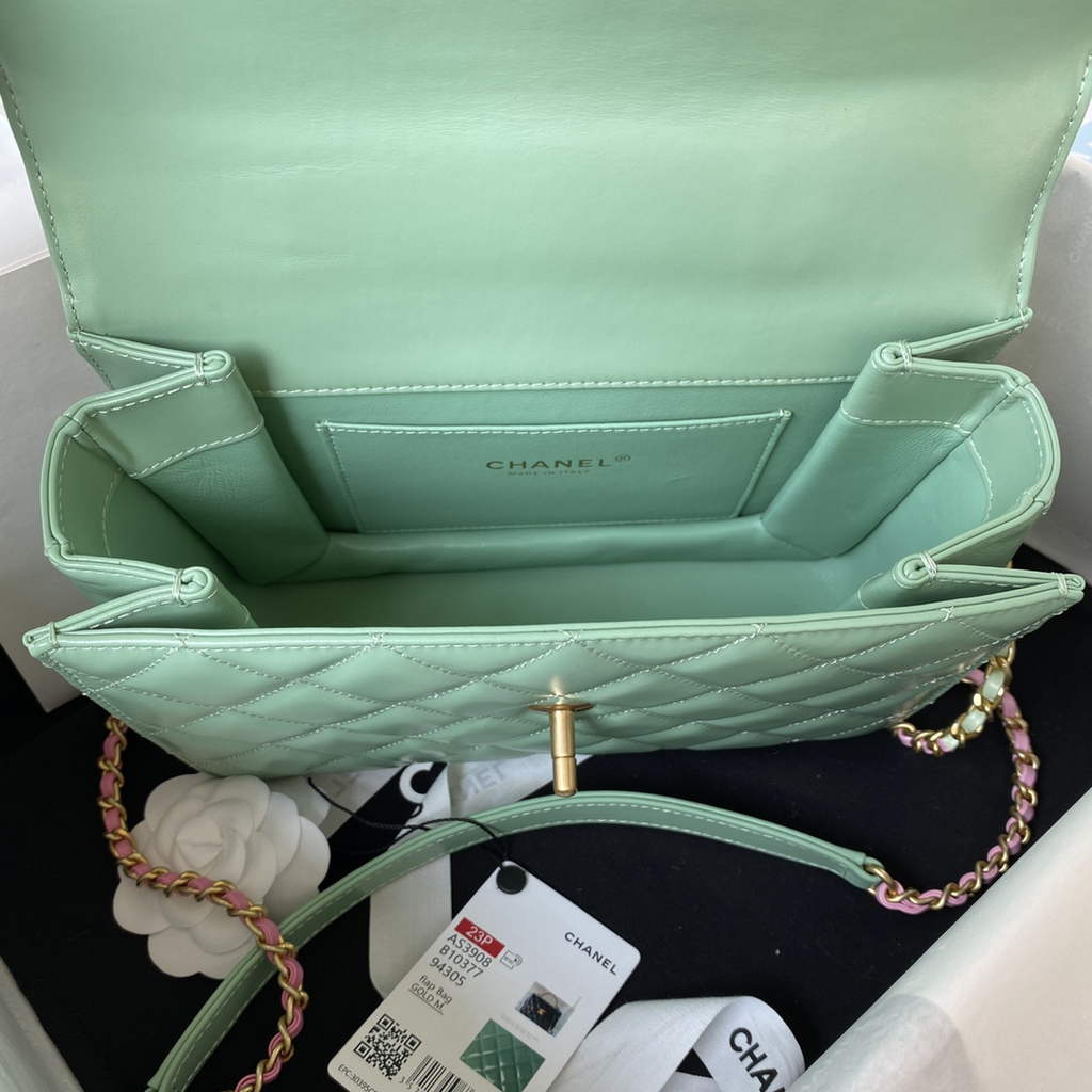 Chanel AS3908 Small Flap Bag with Top Handle Shiny calfskin Light Pink