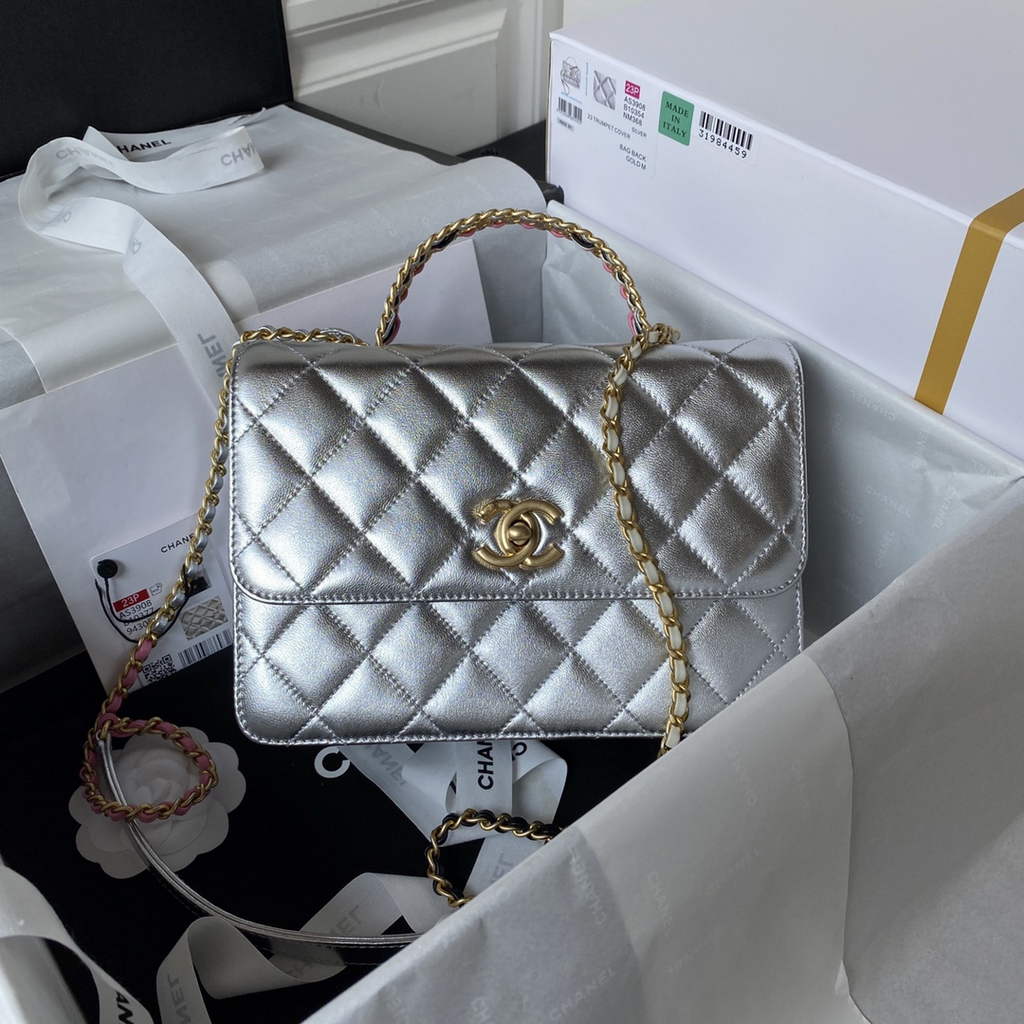 Chanel AS3908 Small Flap Bag with Top Handle Shiny calfskin Silver