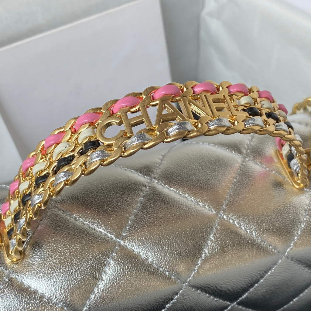 Chanel AS3908 Small Flap Bag with Top Handle Shiny calfskin Silver
