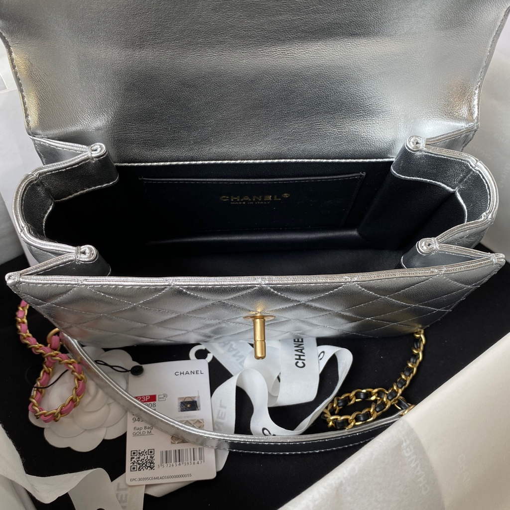 Chanel AS3908 Small Flap Bag with Top Handle Shiny calfskin Silver