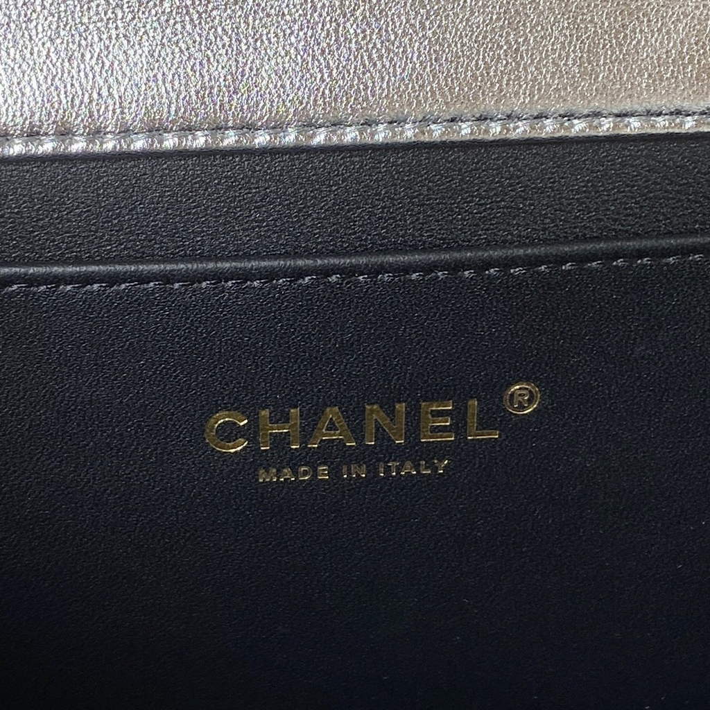 Chanel AS3908 Small Flap Bag with Top Handle Shiny calfskin Silver