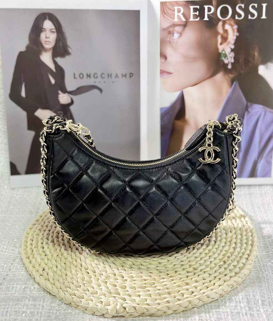 Chanel AS3917 Small Hobo Bag Lambskin Shiny Light Gold Metal Black
