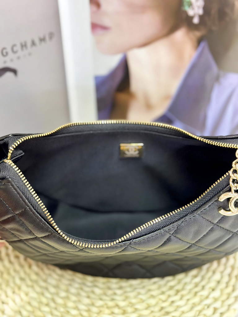 Chanel AS3917 Small Hobo Bag Lambskin Shiny Light Gold Metal Black