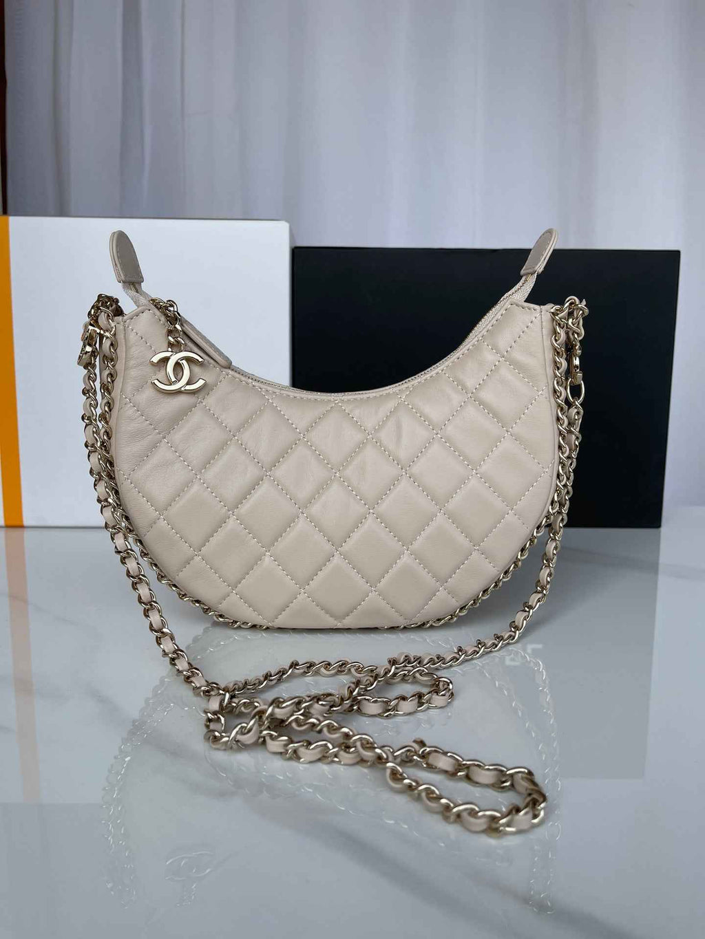 Chanel AS3917 Small Hobo Bag Lambskin Shiny Light Gold Metal Beige