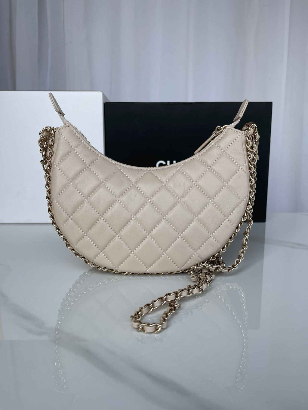 Chanel AS3917 Small Hobo Bag Lambskin Shiny Light Gold Metal Beige
