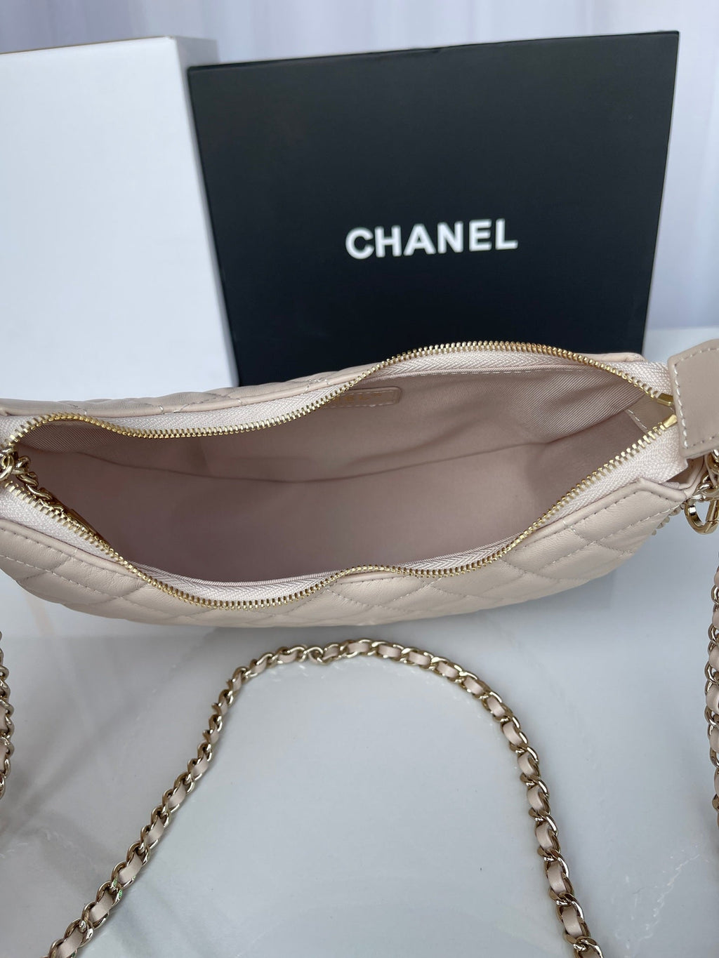 Chanel AS3917 Small Hobo Bag Lambskin Shiny Light Gold Metal Beige