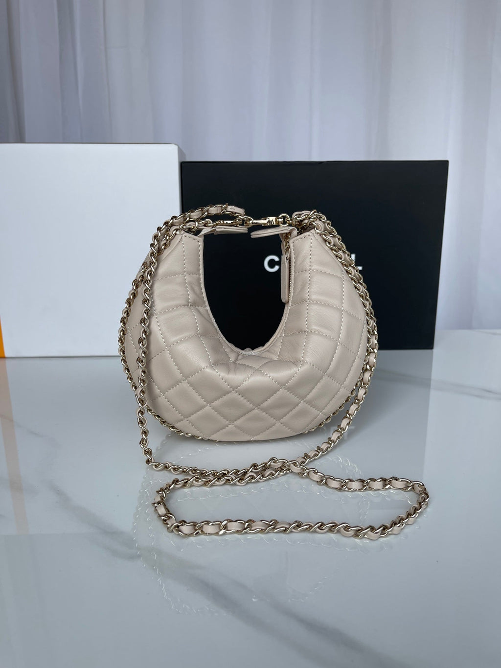 Chanel AS3917 Small Hobo Bag Lambskin Shiny Light Gold Metal Beige