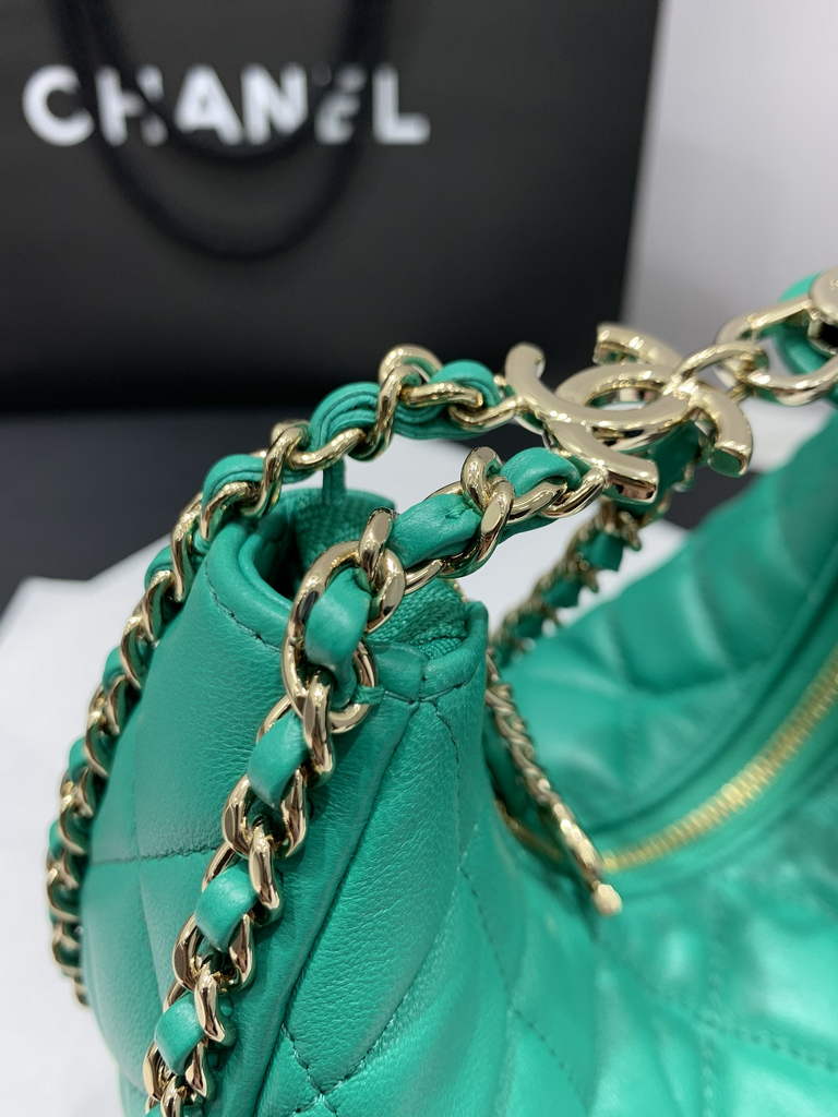 Chanel AS3917 Small Hobo Bag Lambskin Shiny Light Gold Metal Green