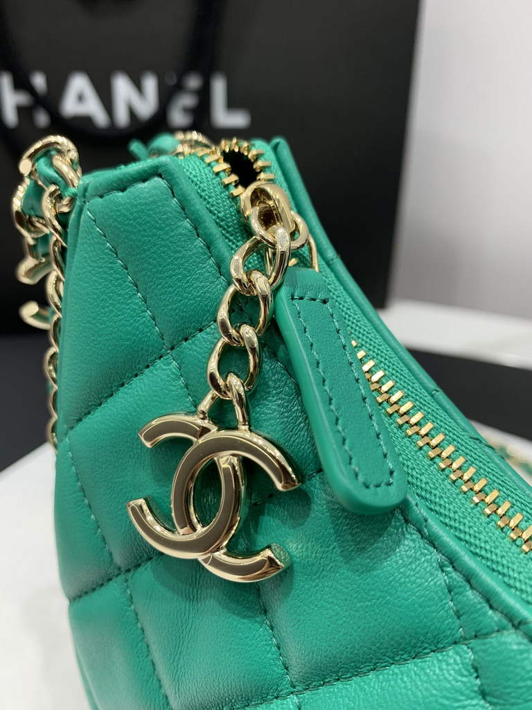 Chanel AS3917 Small Hobo Bag Lambskin Shiny Light Gold Metal Green