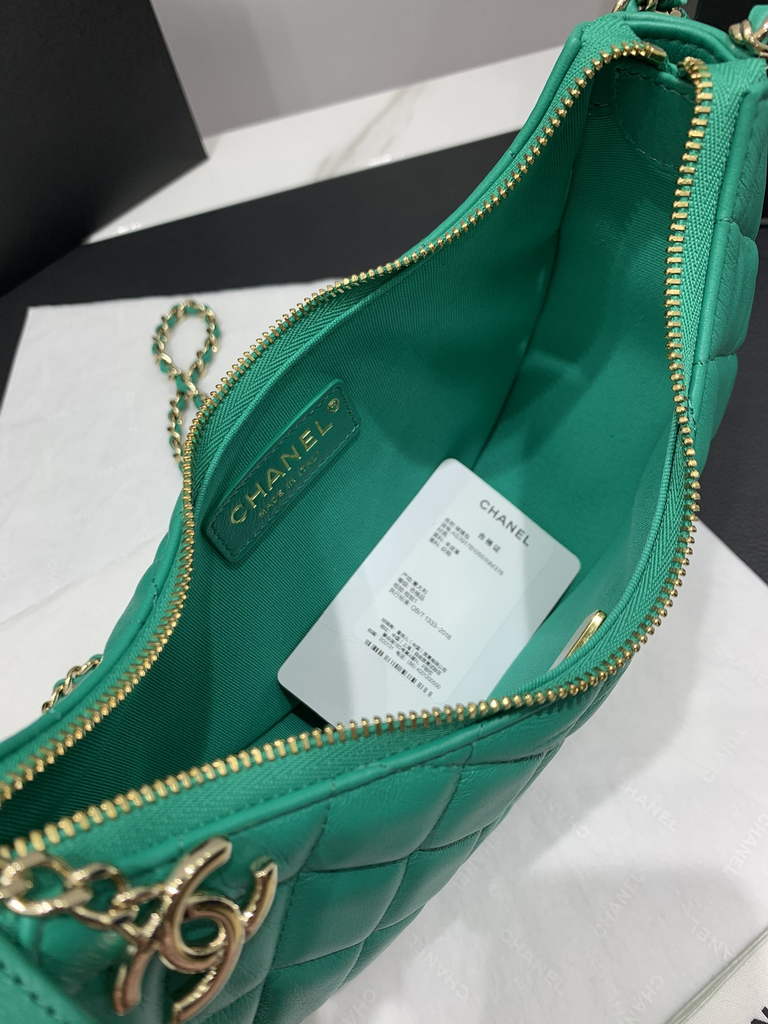 Chanel AS3917 Small Hobo Bag Lambskin Shiny Light Gold Metal Green