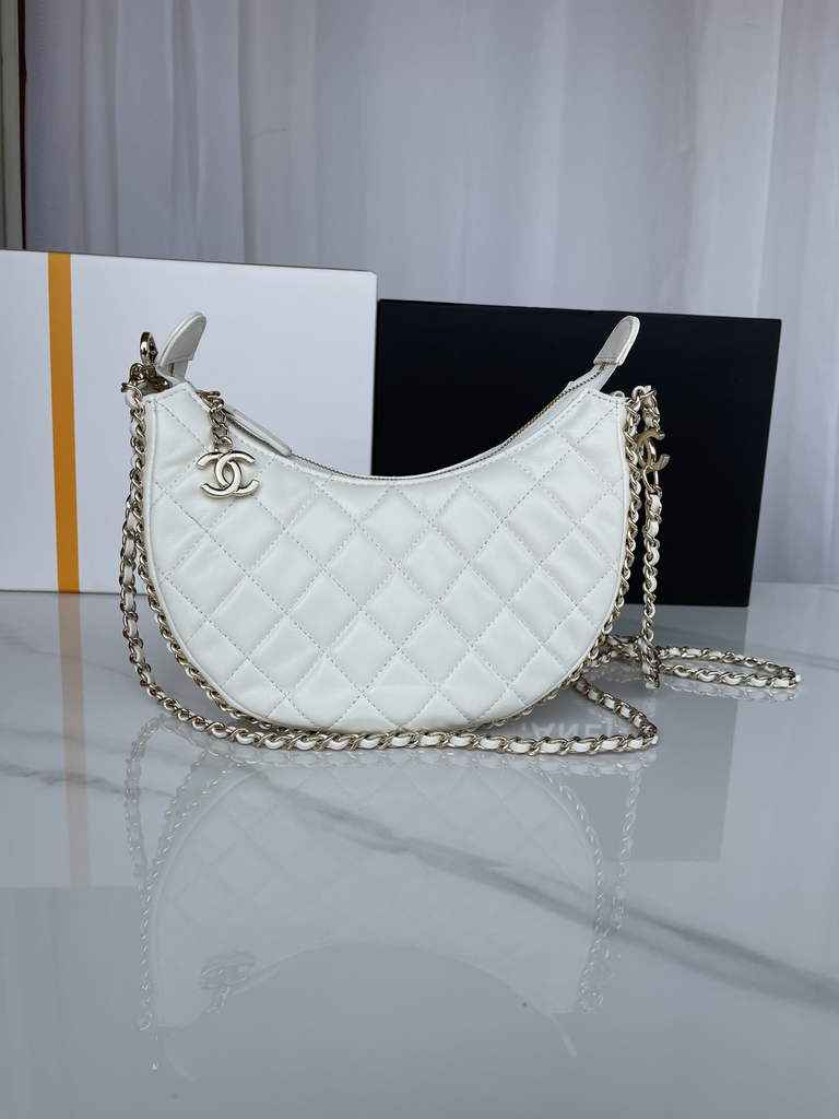 Chanel AS3917 Small Hobo Bag Lambskin Shiny Light Gold Metal White
