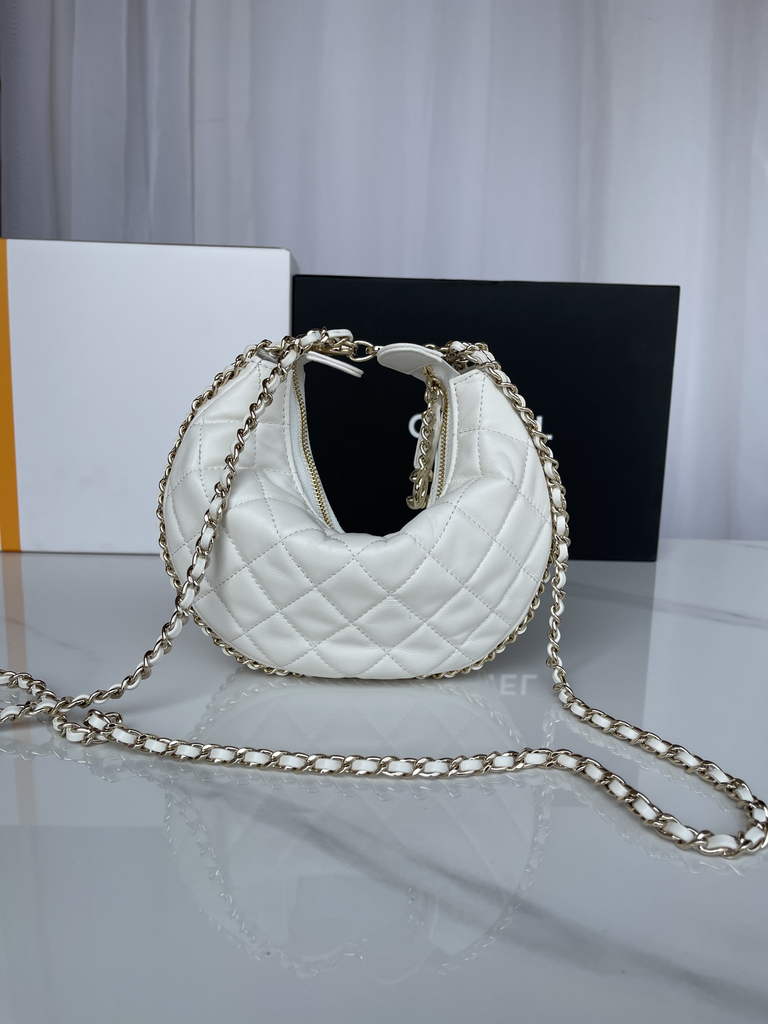 Chanel AS3917 Small Hobo Bag Lambskin Shiny Light Gold Metal White
