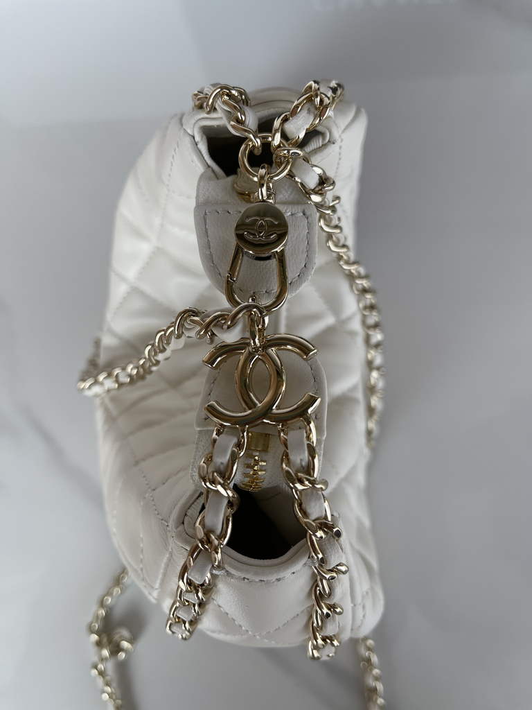 Chanel AS3917 Small Hobo Bag Lambskin Shiny Light Gold Metal White