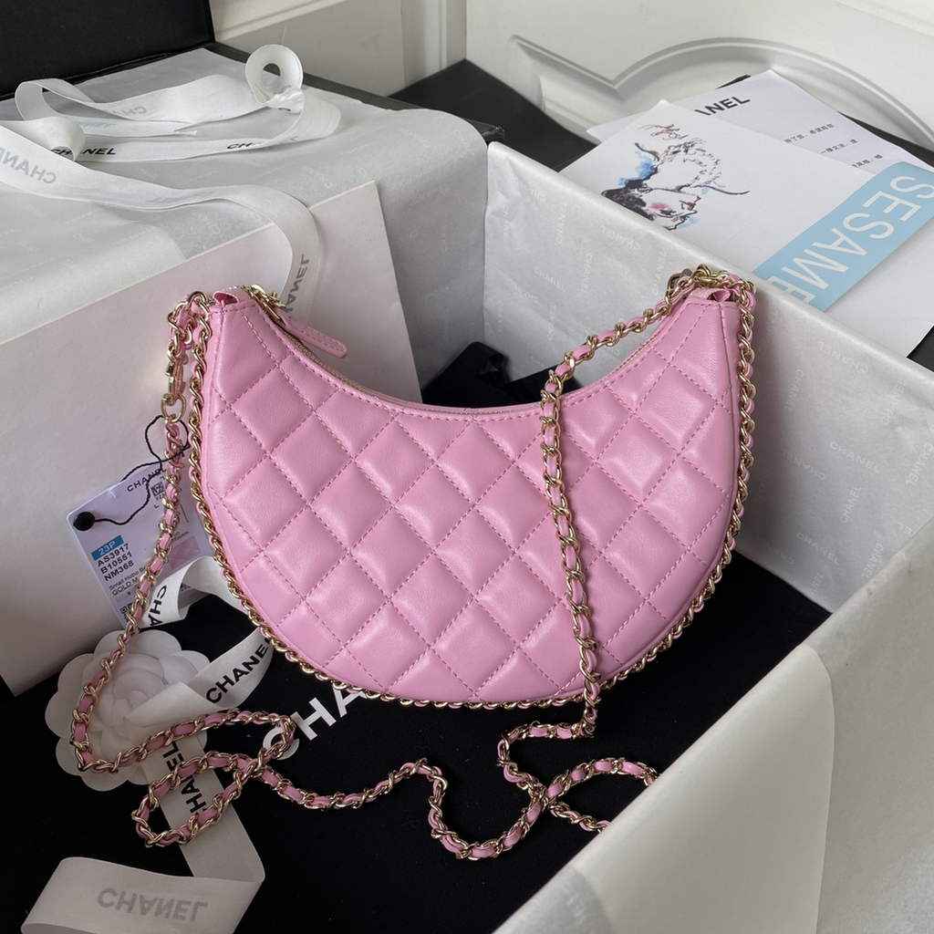 Chanel AS3917 Small Hobo Bag Lambskin Shiny Light Gold Metal Pink